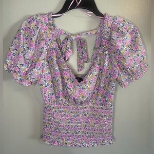 Milk & Honey Pink Floral Puff Sleeve Smocked Women’s Peasant Top size small